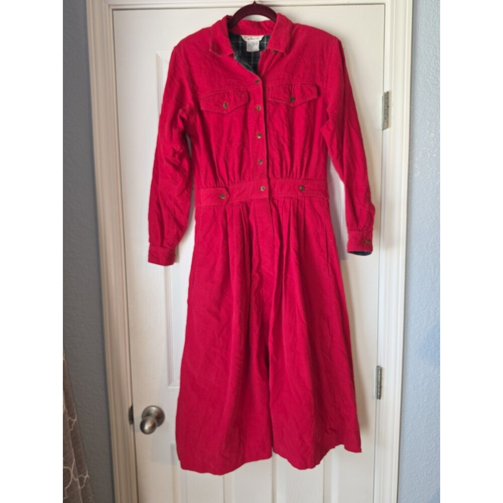 Talbots Corduroy Midi Shirt Dress Womens Red Plaid Button Accents Holiday Size 4